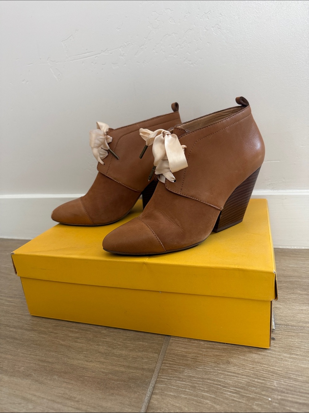 Pilcro and the Letterpress Tan Leather Wedge Booties with Satin Bow Accent